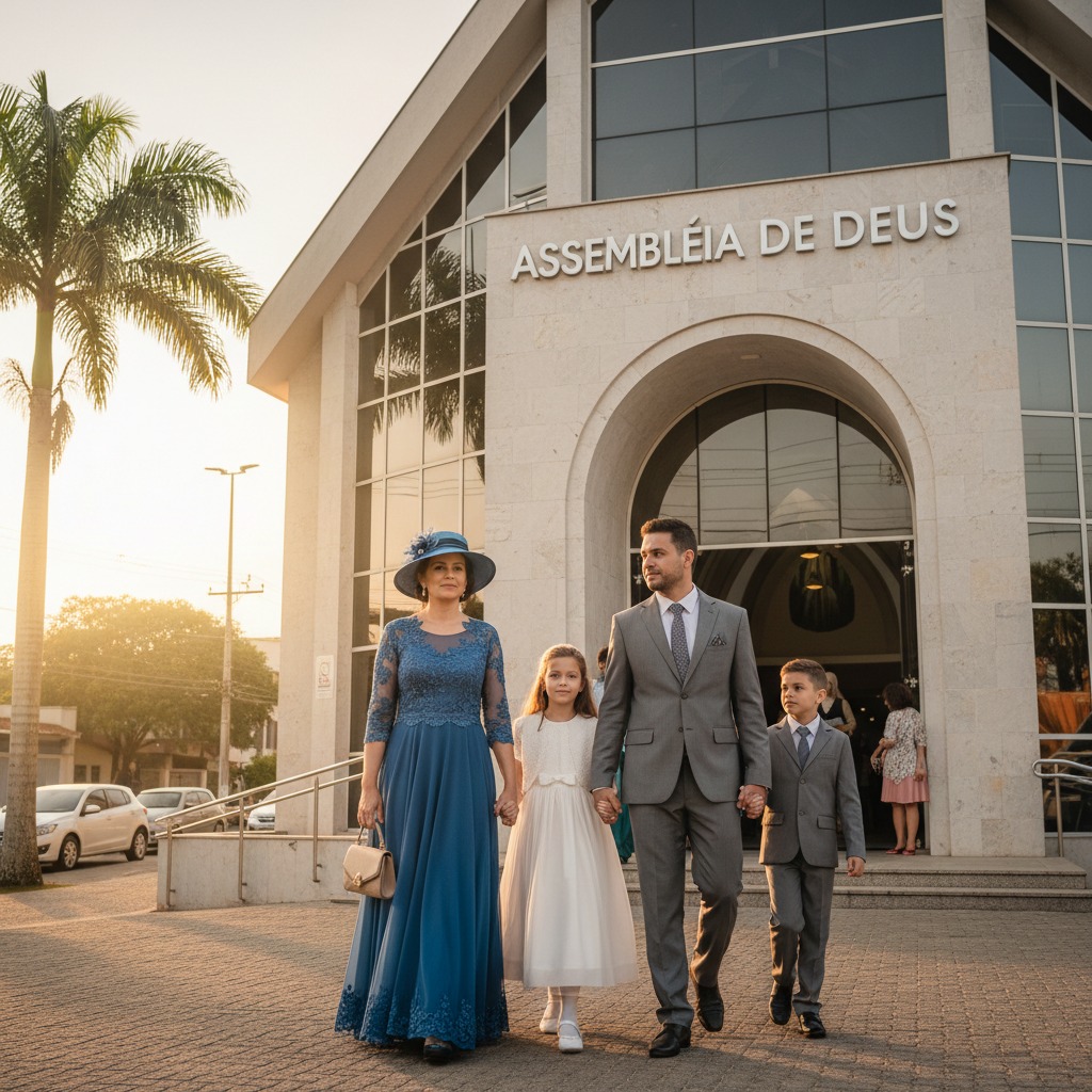 Imagen de família brasileira indo para igreja assembléia de Deus a mulher elegante mais o marido, sem cruz na facha da igreja